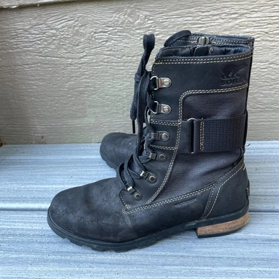 Sorel Women's US 6 Emelie Conquest Leather Waterproof Combat Boots Black FLAW! - Image 1 of 4