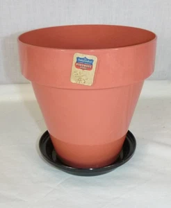 Fioriera in vaso NOS vintage anni 50 salmone plastica dura lucida con piattino 5,5" H - Foto 1 di 5