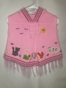 Girls S Knit Pink Sweater Peruvian Bright Poncho Farm Animal Embroidered Fringe - Picture 1 of 11