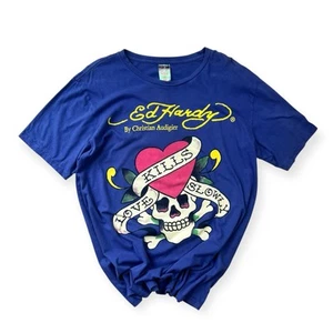 Vintage Ed Hardy Grafik Tshirt Gr. XXL Baumwolle Grunge Y2K Punk Blau Lila - Bild 1 von 8