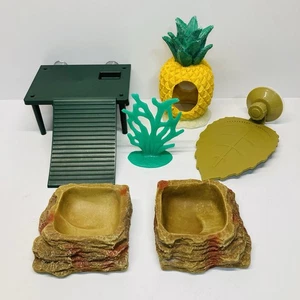 Turtle Reptile Tank Aquarium Accessories Ramp Feeding Bowls Pineapple Decor - Picture 1 of 11
