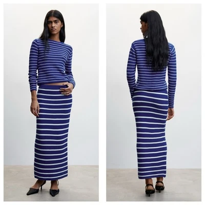 Falda midi tejida a rayas mango nueva con etiquetas talla mediana azul blanco elástica  Foto 1 de 4