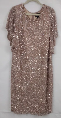 Adrianna Papell Short Flutter Sleeve Sequin Pearl Beaded Rose Gold Dress 22W - Image 1 of 4