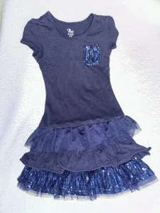 1989 Place Girls S 5/6 Dressy Summer Dress Navy Blue With Sequin Pocket & Ruffle - Picture 1 of 5