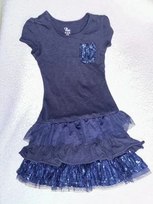 Vestido de verano 1989 Place Girls S 5/6 elegante azul marino con bolsillo de lentejuelas y volantes Foto 1 de 4