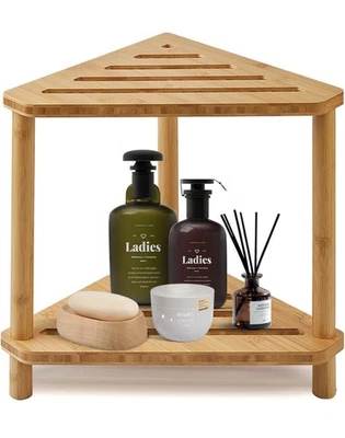 Bamboo Corner Shower Stool, 2-Tier Waterproof, Corner Shelf, 15 Inch Tall - Image 1 of 4