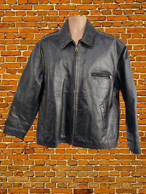 VINTAGE BLACK GRAINED LEATHER COAT SIZE XL MENS ZIP UP QUILT LINED POCKETS BIKER - Image 1 of 4