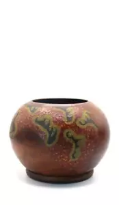 Mid-Century Modern Abstract Hand-Carved Wood Bowl with Painted Leather Design - Picture 1 of 7