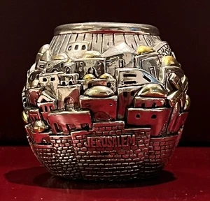 925 versilbert JERUSALEM Stadtbild KERZENHALTER Metall Kunst Wohnkultur - Bild 1 von 4