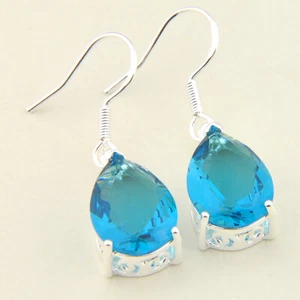 Eoropean Style Teardrop Fire Sky Blue Topaz Gemstone Silver Dangle Earrings - Picture 1 of 5