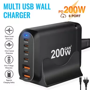 6 Port Fast GaN 200W Multi USB-C Wall Charger Quick Charging QC PD Type C USB - Picture 1 of 12