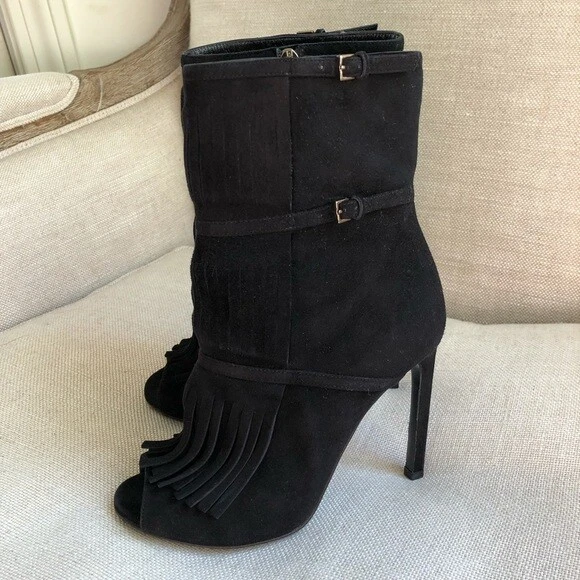 Botas de tornozelo Gucci Becky camurça preta biqueira aberta franja couro 36,5 EUA 6,5 - Imagem 1 de 4