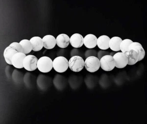 White Howlite Smooth Round 8MM Gemstone Beads Stretchable Women Bracelet 6-8" - Picture 1 of 10