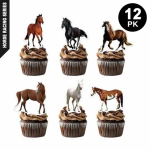 12pcs Horse Racing Paper Cupcake Toppers | Melbourne Cup Party Cake Decorations - Picture 1 of 2