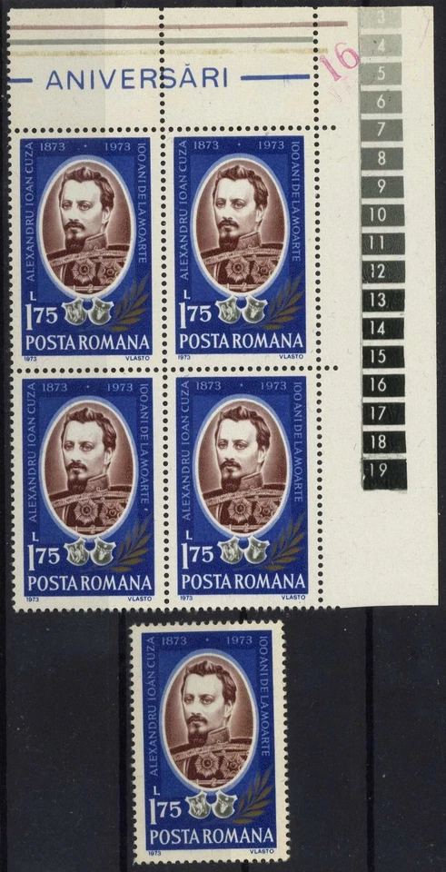 Rumania 1973 CENTENARIO DE LA MUERTE DE ALEXANDRU IOAN CUZA bloque 4+1 sello, MNH Foto 1 de 1