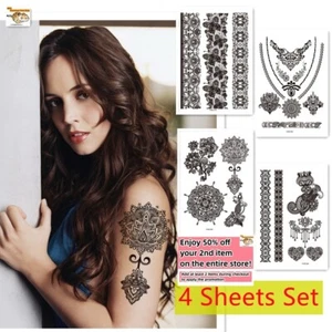 Set of 4 - Waterproof Temporary Tattoo Stickers Sexy Black Lace Body Art & Arm - Picture 1 of 10