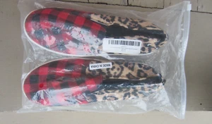 New in Bag - Ladies Red & Black Buffalo Plaid Leopard Slip On Size 10 - Picture 1 of 4
