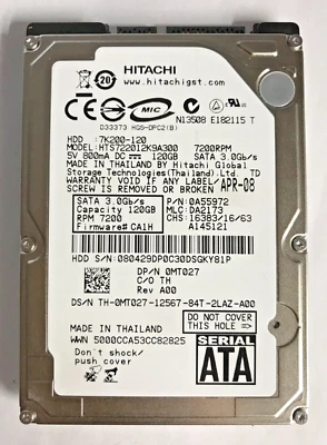 120 GB SATA NOTEBOOK FESTPLATTE  HITACHI HTS722012K9A300 7200RPM  2,5'' #NFP590 - Bild 1 von 2