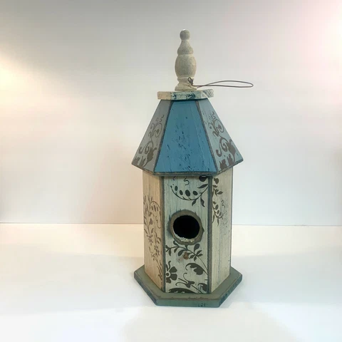 Birdhouse / Decorative or Functional / Grey and Blue w/ Wire hanger Cover