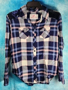 Justice Girls Oversized Blue/Grey Plaid Sequin Poly Blend Shirt Soft 18/20 VGPOC - Picture 1 of 6