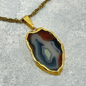 Collar Colgante Borde Galvanizado Oro Rebanada Ágata Natural y Cadena Tono Dorado - Imagen 1 de 7