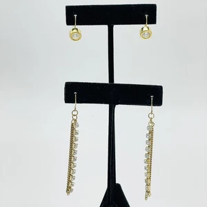 Set 2 goldfarbene Ohrringe Strass Quaste Kette Hänger + Einfassung Kristall Tropfen - Bild 1 von 7