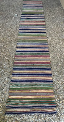 Corredor de lana trenzada hecho a mano 21,5x134" multicolor MCM de colección años 1940-50 Foto 1 de 4