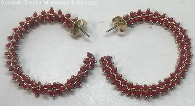 J.Crew Gold-Tone Red Beaded Fashionable Push Back Hoop Earrings 9.9g - Image 1 of 4