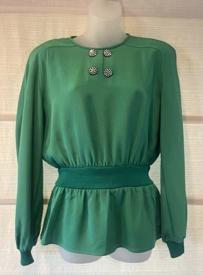 Винтажный VALENTINO зеленый шелк пеплум блузка ребро вязаный талии/манжеты ~ классный Bttns IT42 US6 - Изображение 1 из 4