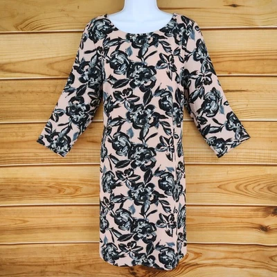 C & E платье с подкладкой женщин Sz L розовый черный серый цветочный круглый вырез 3/4 рукав - Изображение 1 из 4