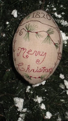 Primitive Sampler Hanging Ornament 1820 Merry Christmas Reindeer Stockings  - Image 1 of 4