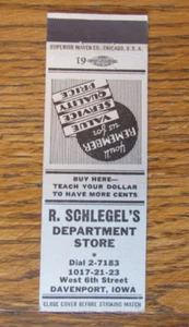 DAVENPORT, IOWA MATCHBOOK COVER: R. SCHLEGEL'S DEPARTMENT STORE MATCHCOVER -A - Picture 1 of 1