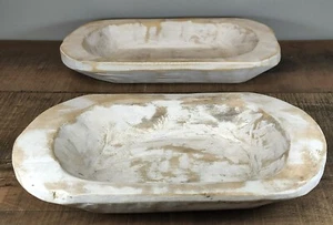 Rustic Farmhouse Primitive Wood Dough Bowl White Paint 9½" Long Set of 2 - Picture 1 of 9