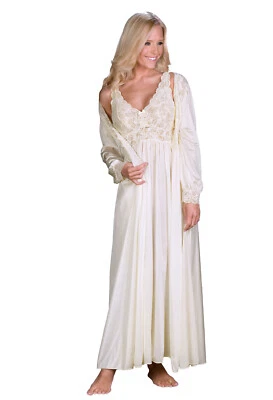 Shadowline Womens Nightgown Robe Ivory Sleepwear Vintage Style Peignoir 2 Pc Set - Image 1 of 4