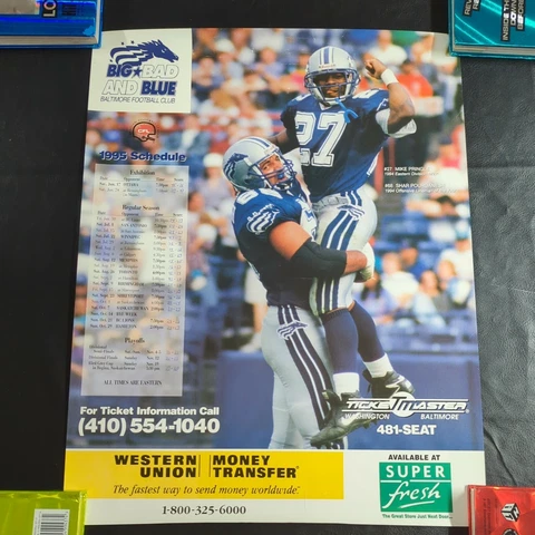 Baltimore Stallions Colts 1995 CFL Schedule Poster Mike Pringle Shar Pourdanesh Cover