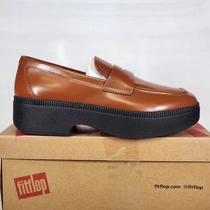 Size 9 - FitFlop F-LUMA Box-Leather Demi-Wedge Penny Loafer - Rich Brown - Women - Picture 1 of 8