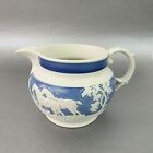 English Milk Pitcher Copeland Style Pottery White on Blue In Relief Hunter Scene