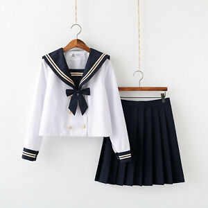 Japanese School Girl Sailor JK Uniform Wears Costume Button Shirt Pleated Skirts