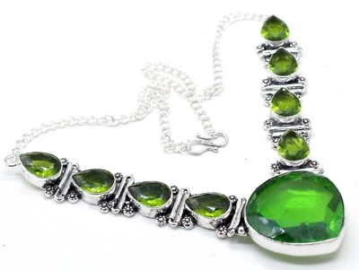 925 Sterling Silver Chrome Diopside & Peridot Gemstone Jewelry Necklace S-17-18" - Image 1 of 4