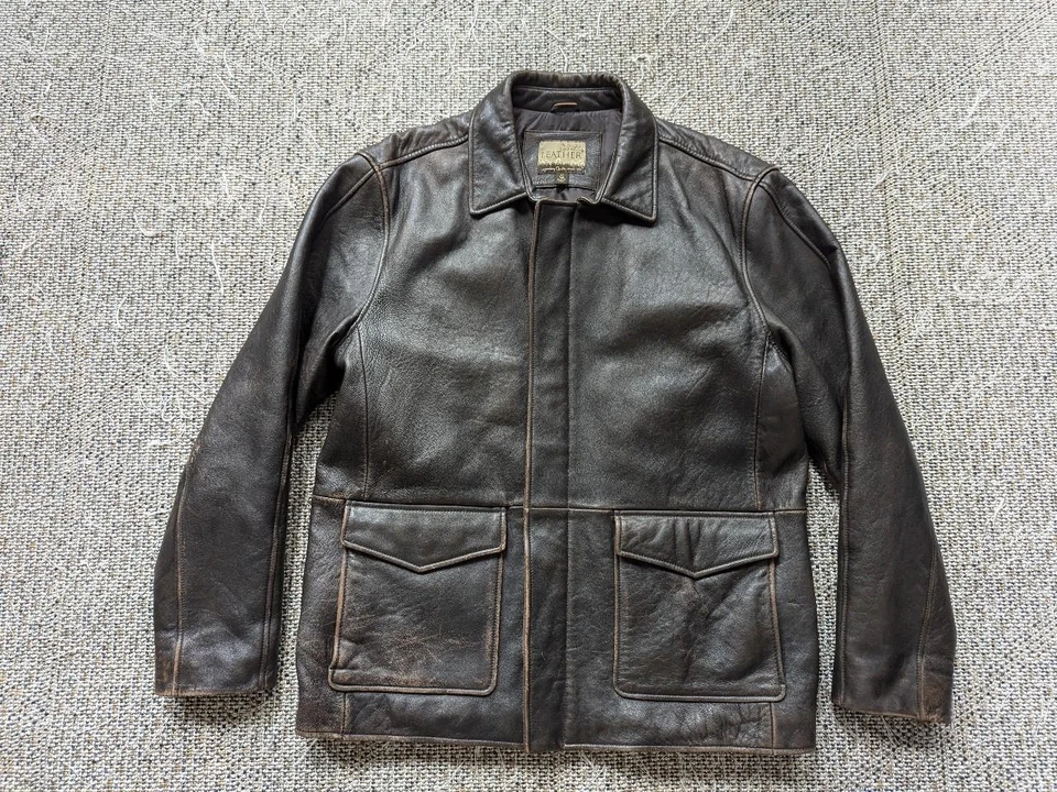 vintage CABELAS patina leather BOMBER motorcycle jacket M TALL brown coat - Image 1 of 4