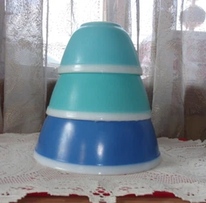 Pyrex Americana BLAU Weiß Band Nesting Rührschüssel Set 401 402 403 LESEN RARITÄT 60er - Bild 1 von 11