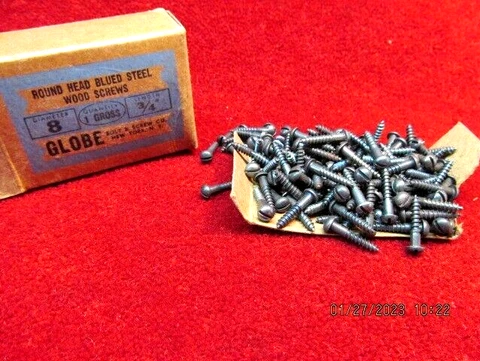 NOS VTG BLUED STEEL ROUND HEAD SLOTTED WOOD SCREWS 3/4 x #8 GLOBE BOLT SCREW CO Cover