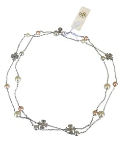 Auth NEW Tory Burch Kira Pearl and Silver Pave Convertible Necklace Tag/Bag $198 - Picture 1 of 10