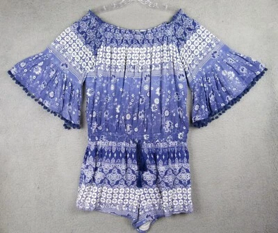 Raga женщин XL синий белый богемное с плеча Bell рукав Детский комбинезон фестиваль - Изображение 1 из 4