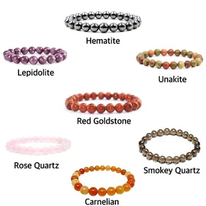 Natural Gemstones Elastic Beaded Bracelet 7-7.5 in, 8mm Round Beads, Healing - Picture 1 of 38