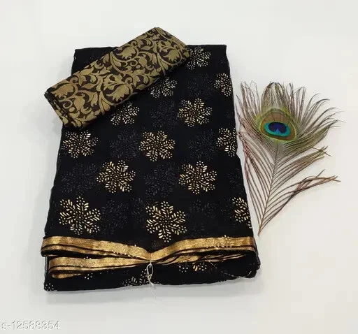 Women's Jacquard Printed Chiffon Saree With Separate Blouse Piece - Image 1 of 1