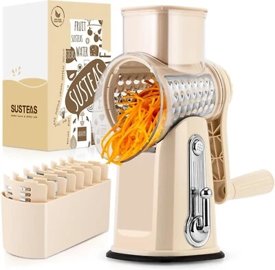 SUSTEAS Rotary Cheese Grater w/Handle &5 Blades, Round Slicer & Vegetable Grater
