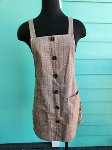 Forever 21 Overalls Mini Dress Brown Beige Plaid Sleeveless Pocketed Women's M - Picture 1 of 9