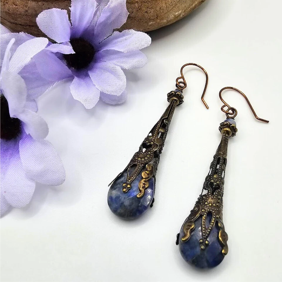 Pendientes colgantes de lapislázuli hechos a mano vintage filigrana victoriana Foto 1 de 1