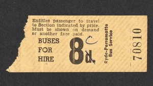 BILLETE DE AUTOBÚS VINTAGE RYDE - PARRAMATTA BUS SERVICE WESTERN SYDNEY NSW 8 CENTAVOS - Imagen 1 de 1